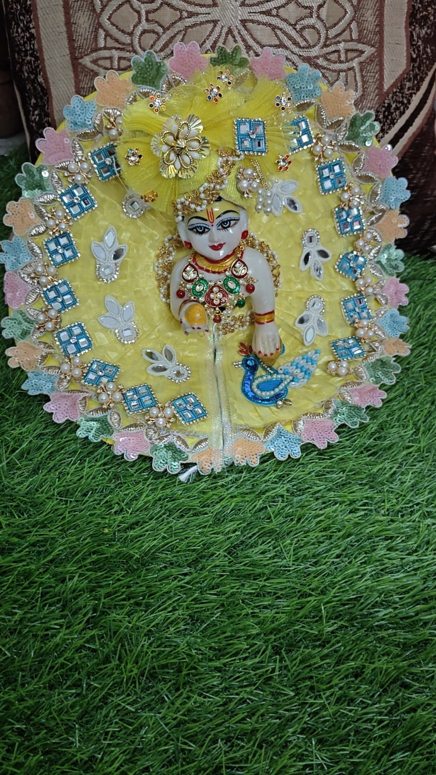 4. Handmade Yellow Laddu Gopal Poshak with Pearl & Stone Work